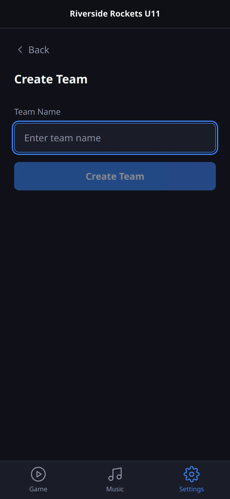 Rink Rocks screen: Create the team