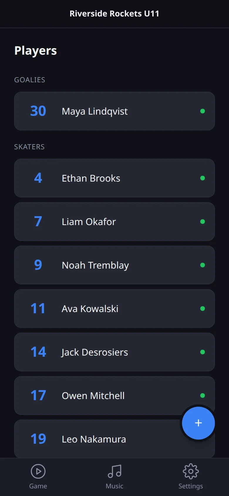 Rink Rocks screen: Open your roster