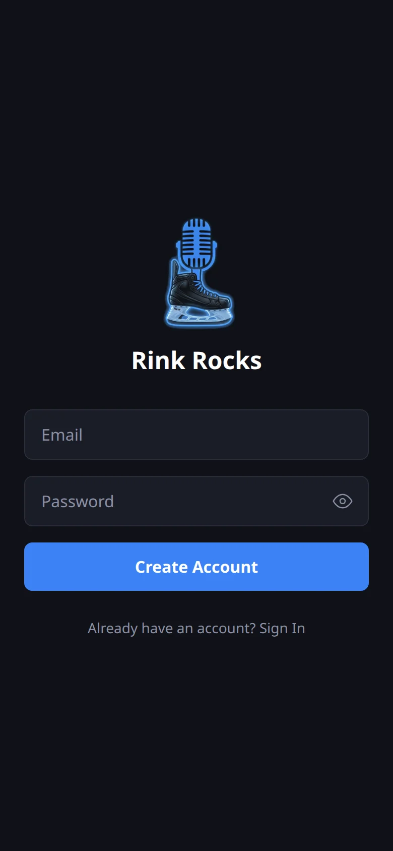 Rink Rocks screen: Make your account