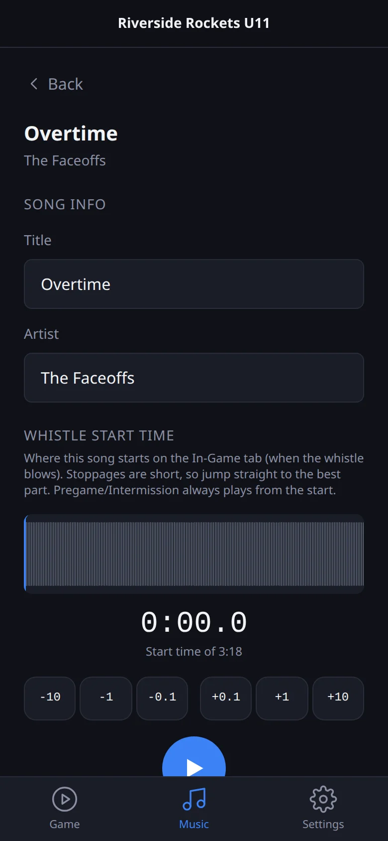 Rink Rocks screen: Set where each song starts